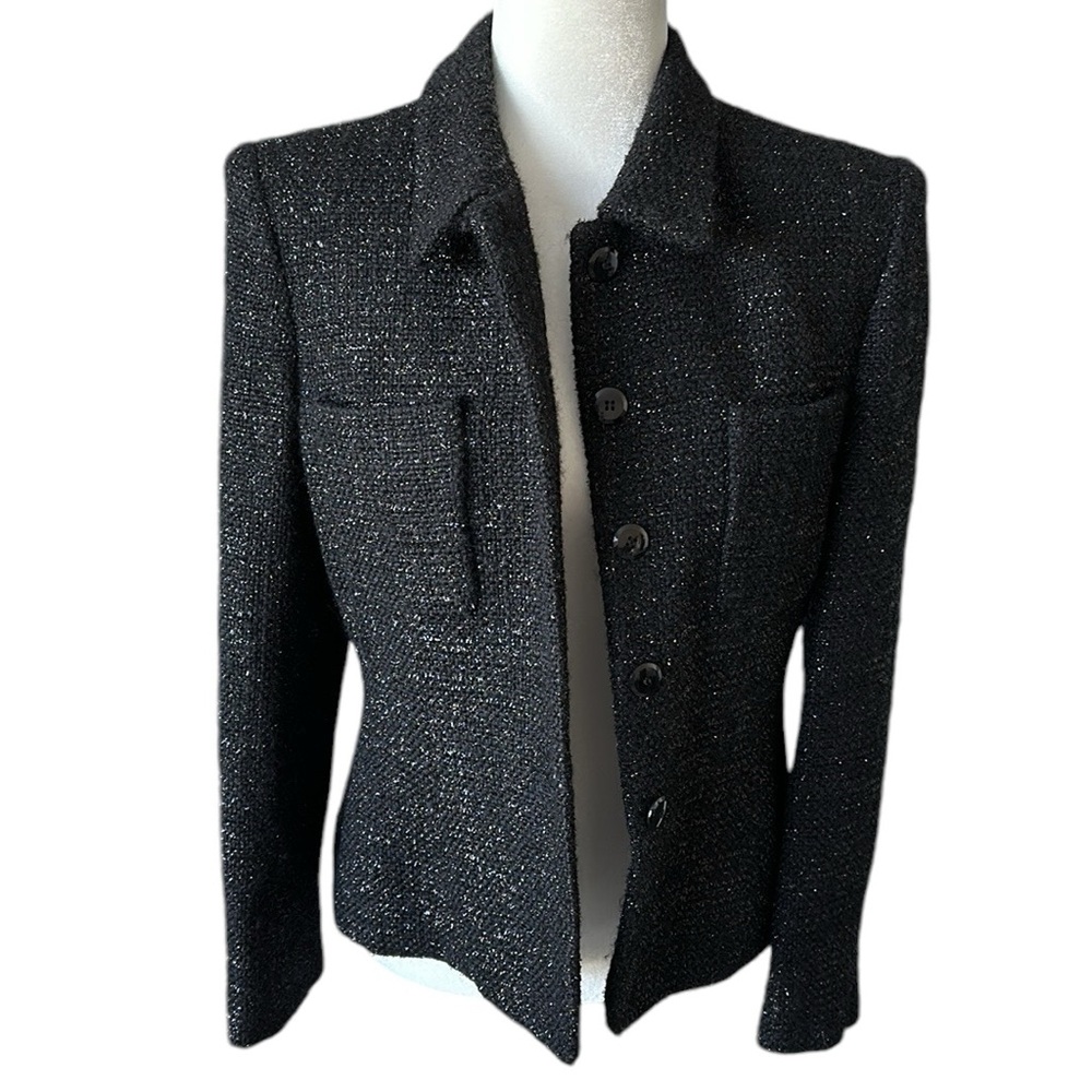 Jones New York black short wool mix jacket Chanel vibe festive holiday size 8